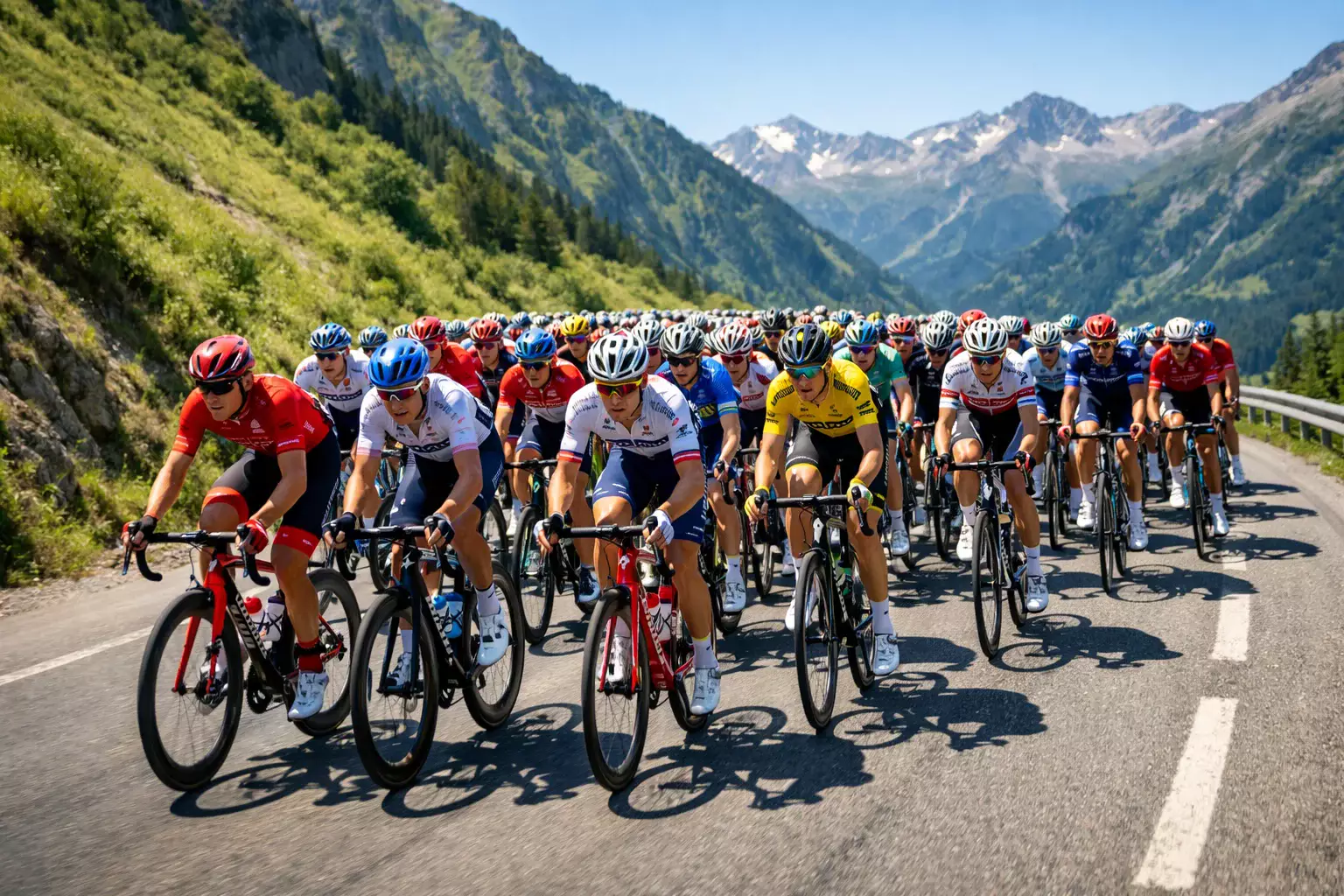 Peloton de cyclistes professionnels en course sur une route de montagne ensoleillée