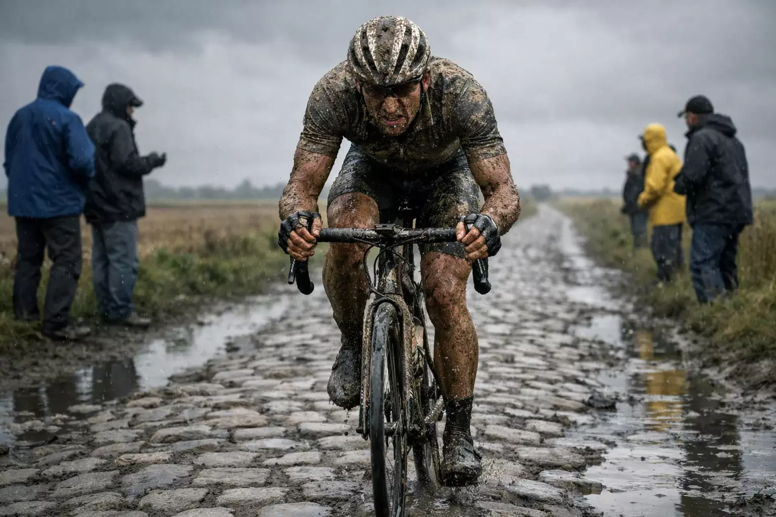 Cycliste solitaire roulant sur les pavés historiques de Paris-Roubaix sous un ciel nuageux du nord de la France