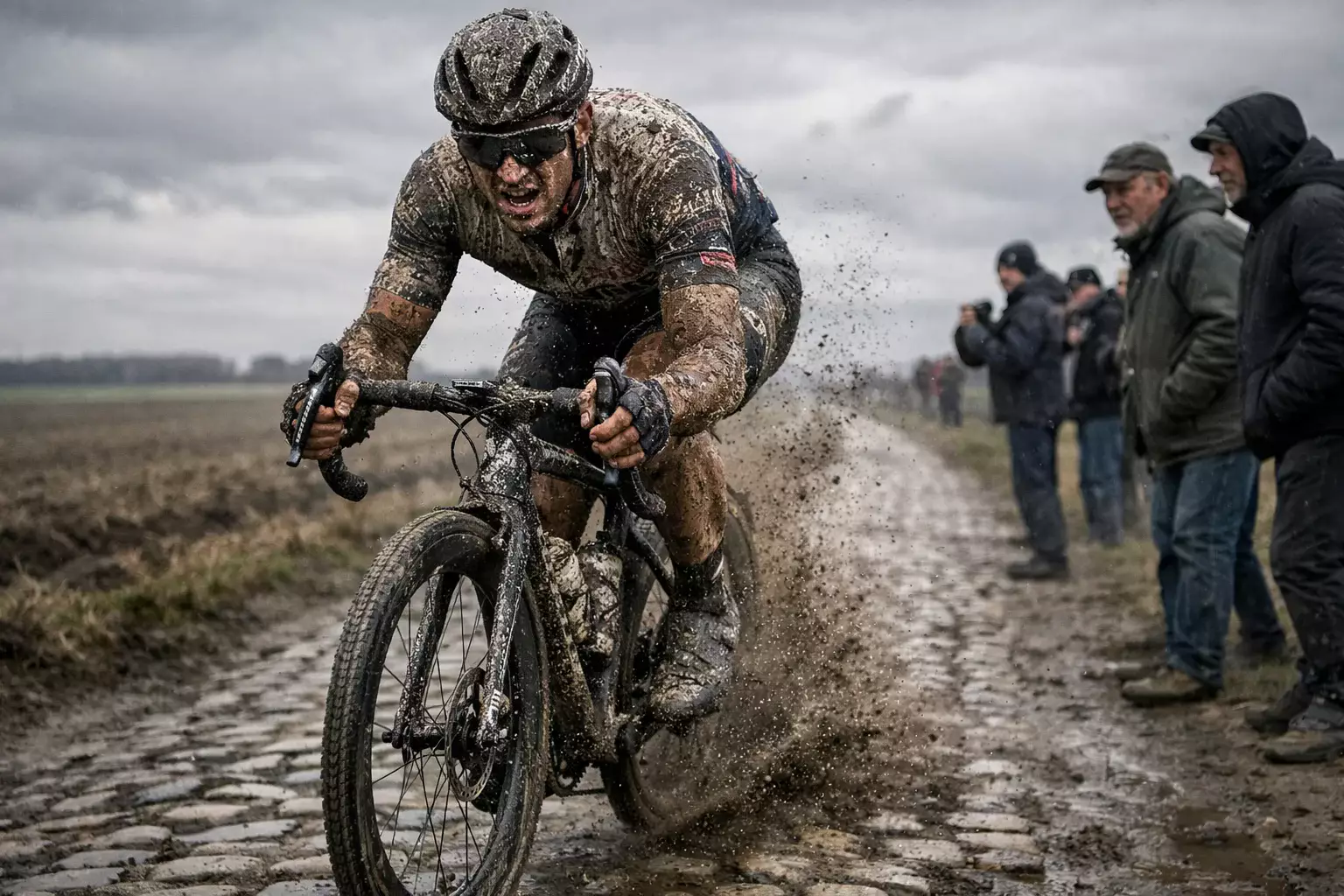 Cycliste couvert de boue roulant sur les pavés historiques de Paris-Roubaix sous un ciel gris du nord de la France