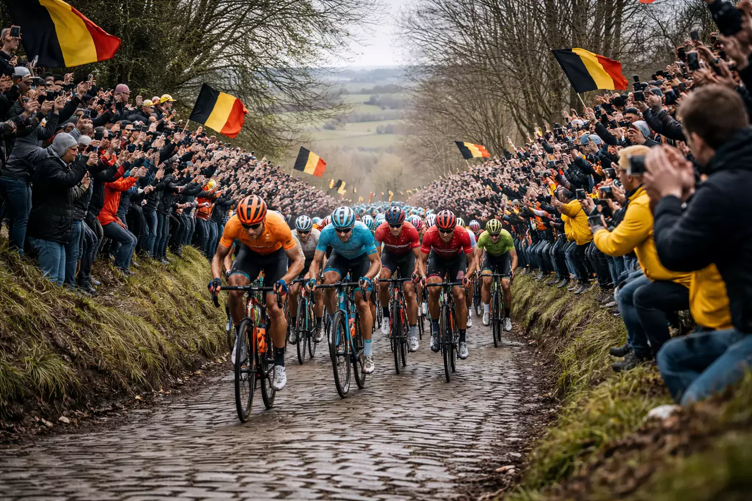 Peloton de cyclistes gravissant un mont pavé étroit en Flandre avec des spectateurs massés sur les talus