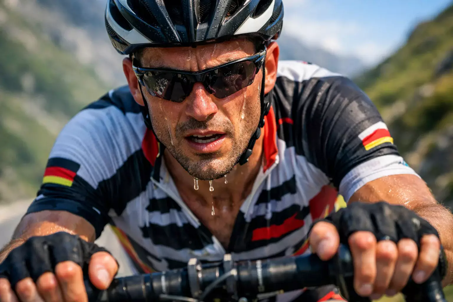 Cycliste professionnel en plein effort sur un col de montagne vu de près avec un visage concentré et déterminé