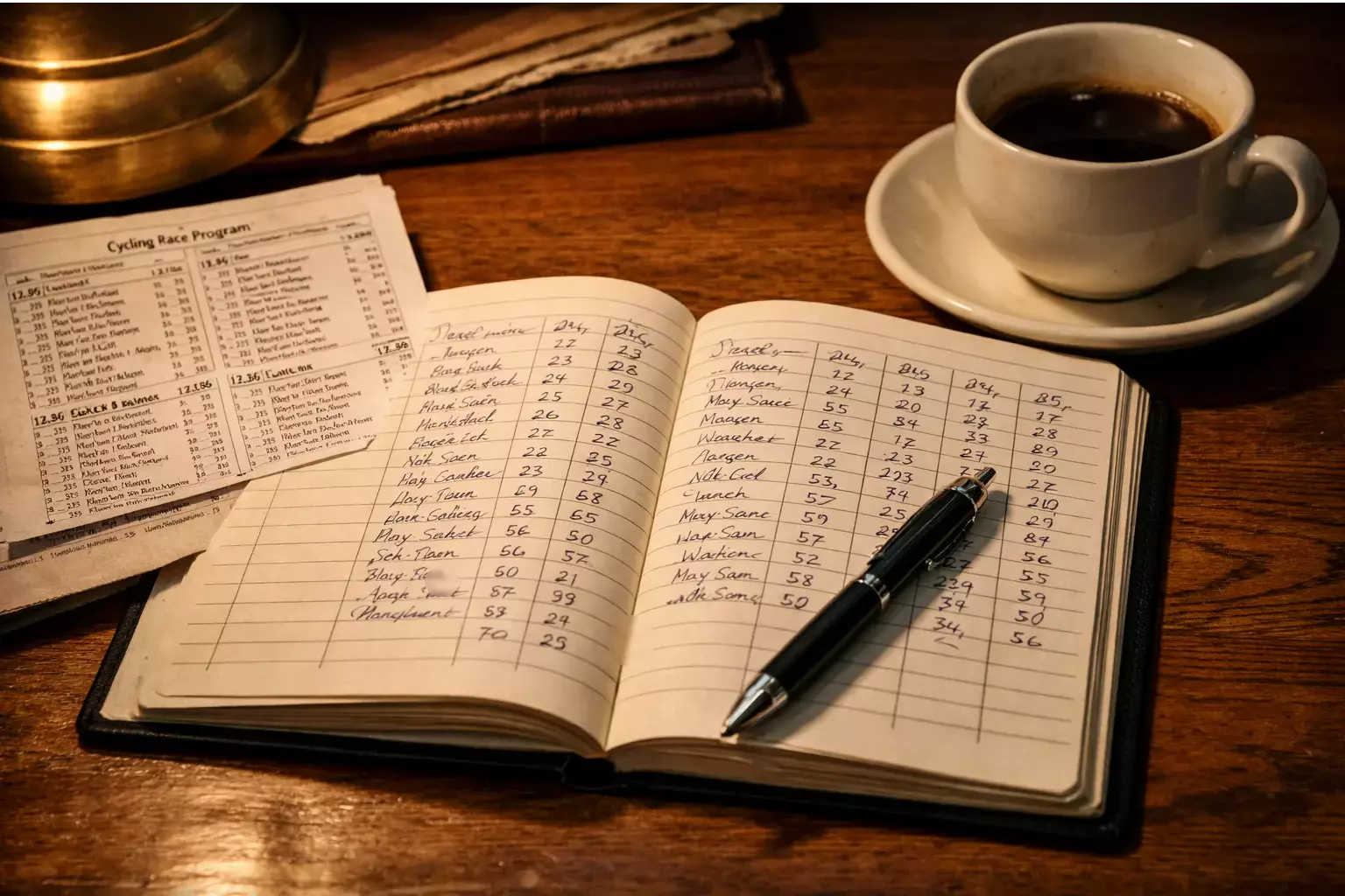 Gros plan sur un tableau de cotes de paris cyclisme avec un stylo posé sur une feuille d'analyse manuscrite