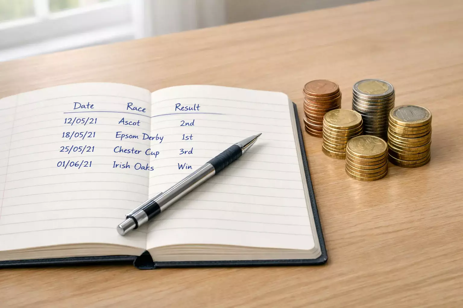Carnet de notes ouvert avec des colonnes de chiffres et un crayon posé à côté sur un bureau en bois