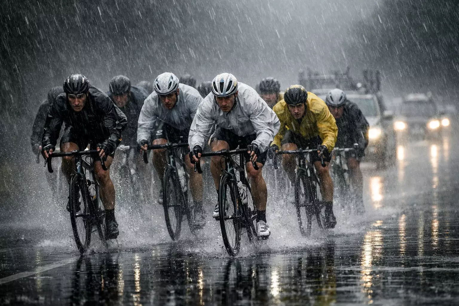 Peloton de cyclistes roulant sous une pluie battante sur une route mouillée avec des reflets sur l'asphalte