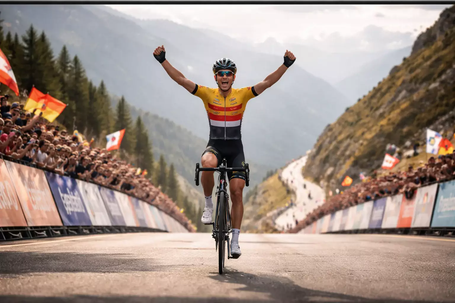 Cycliste professionnel franchissant la ligne d'arrivée les bras levés lors d'une étape de montagne