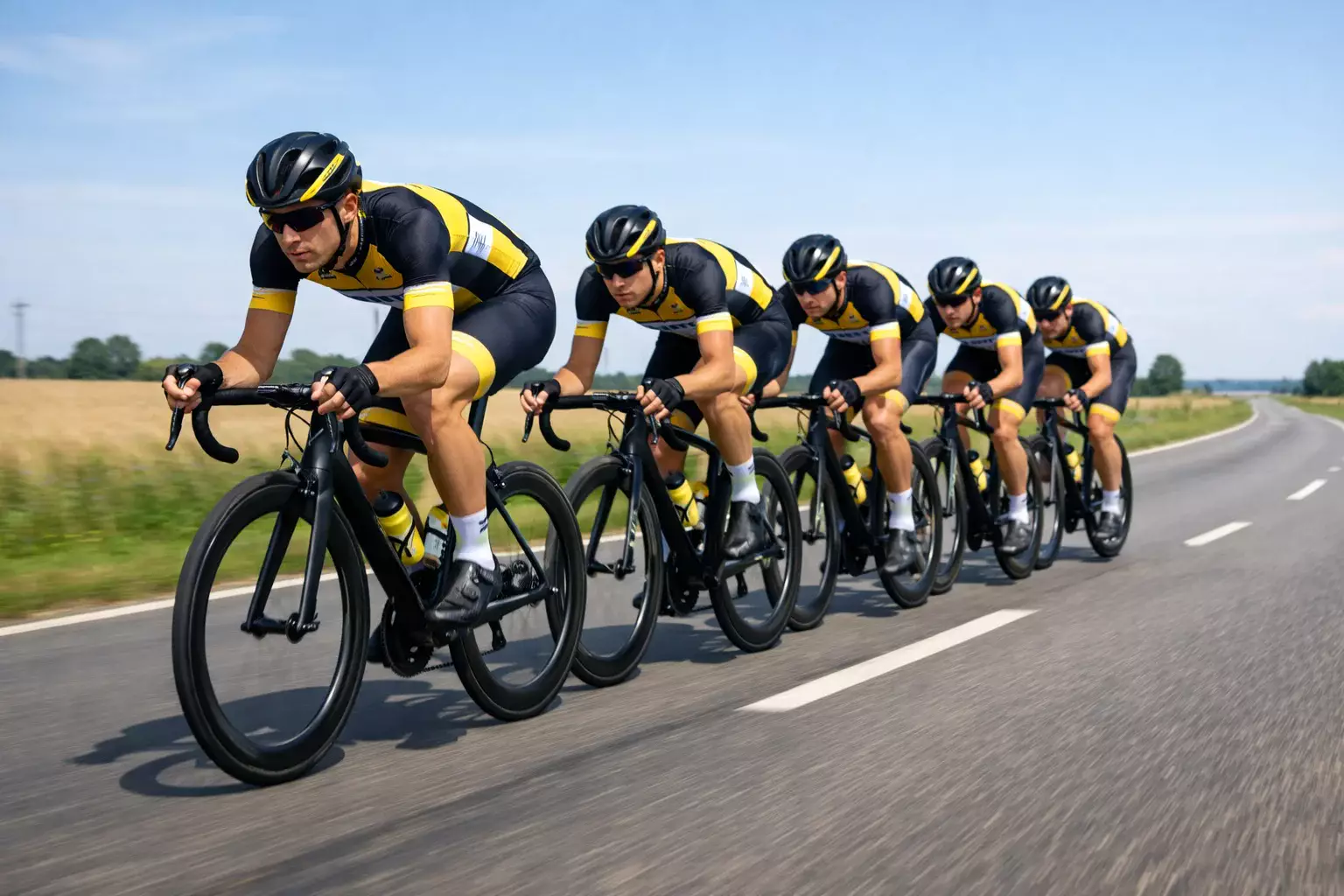Train d'équipiers cyclistes roulant en formation serrée en tête du peloton pour protéger leur leader