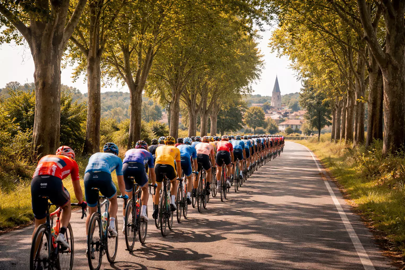 Cyclistes du peloton professionnel vus de dos roulant sur une large route française bordée de platanes