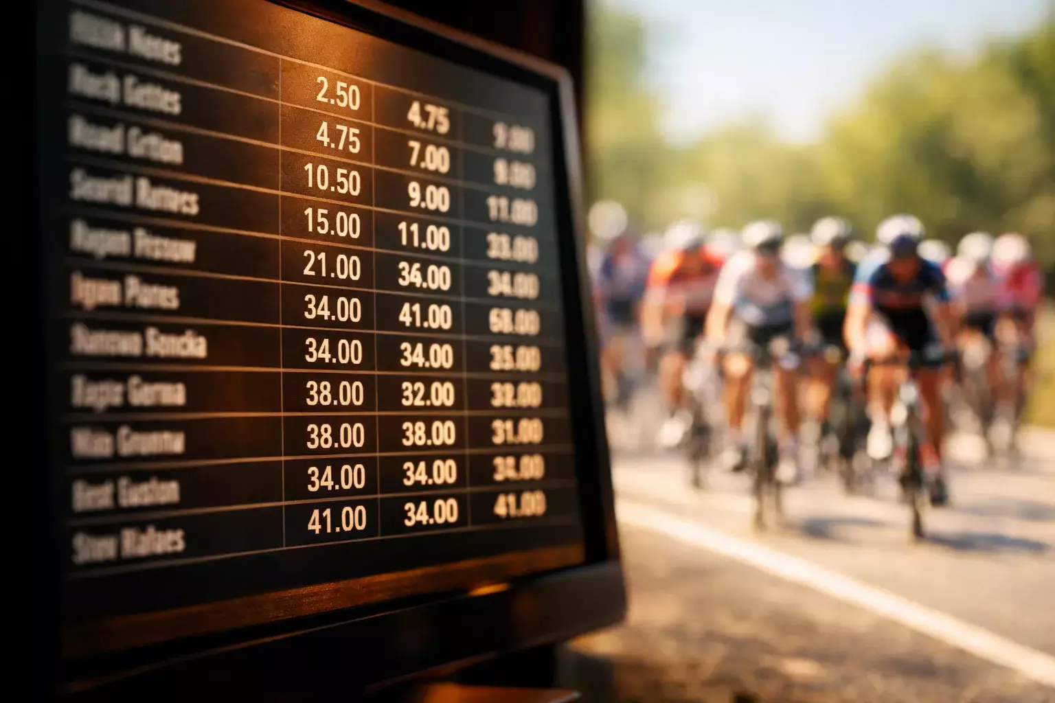 Gros plan sur un écran affichant des cotes de paris cyclisme avec un peloton flou en arrière-plan