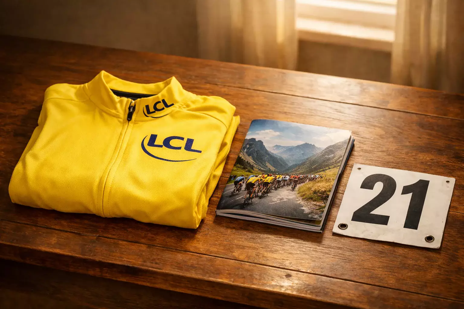 Maillot jaune du Tour de France posé sur une table à côté d'un dossard de course et d'un programme officiel