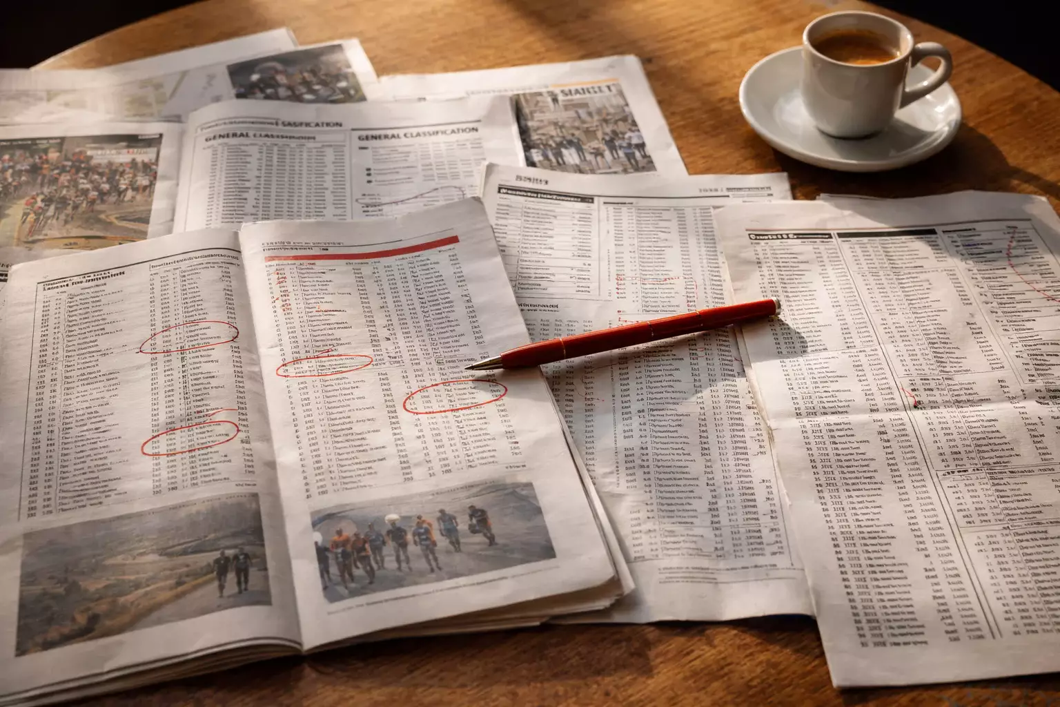 Plusieurs journaux sportifs ouverts côte à côte sur une table avec des résultats de courses cyclistes entourés au stylo
