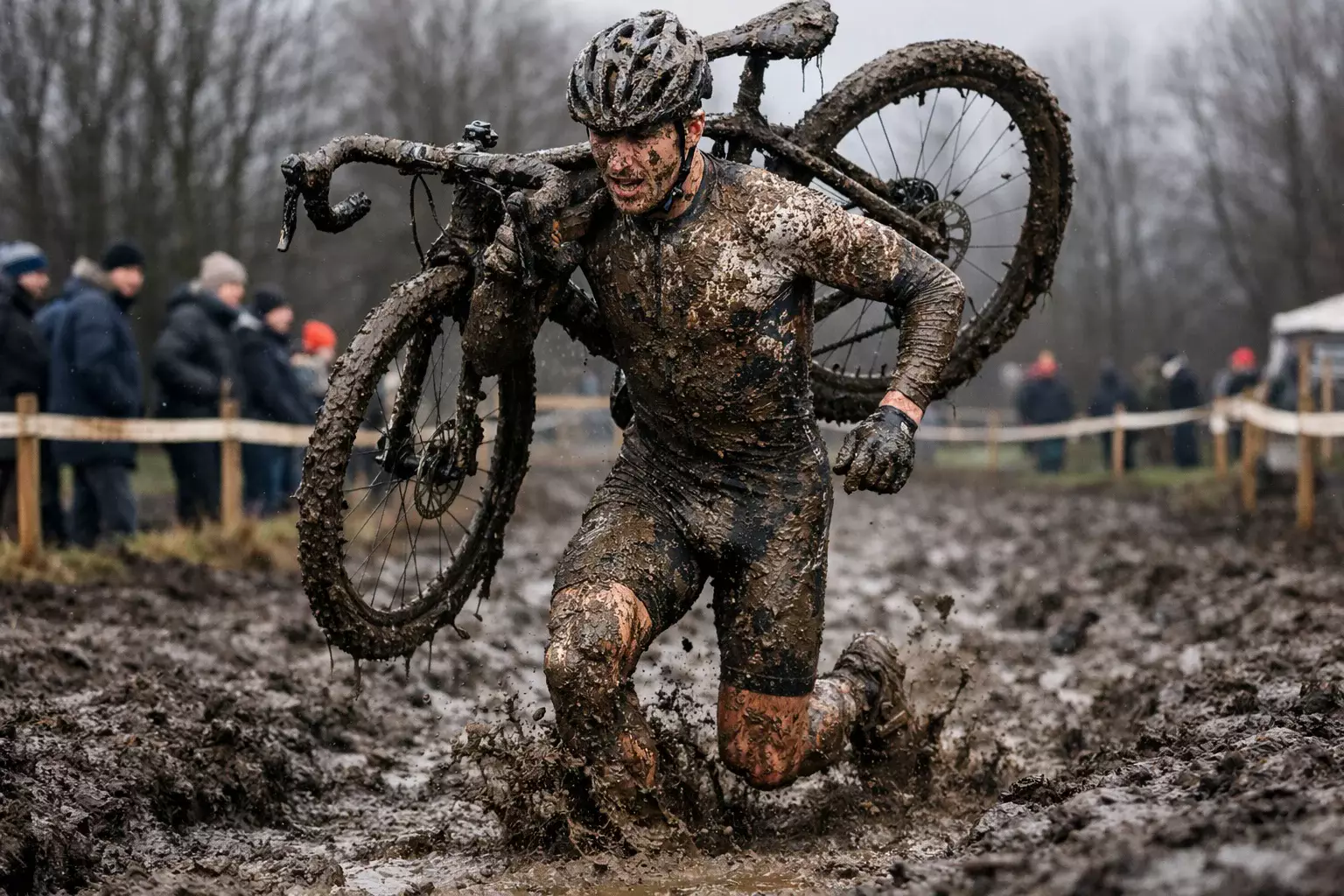 Coureur de cyclo-cross couvert de boue portant son vélo sur l'épaule en courant dans un passage boueux