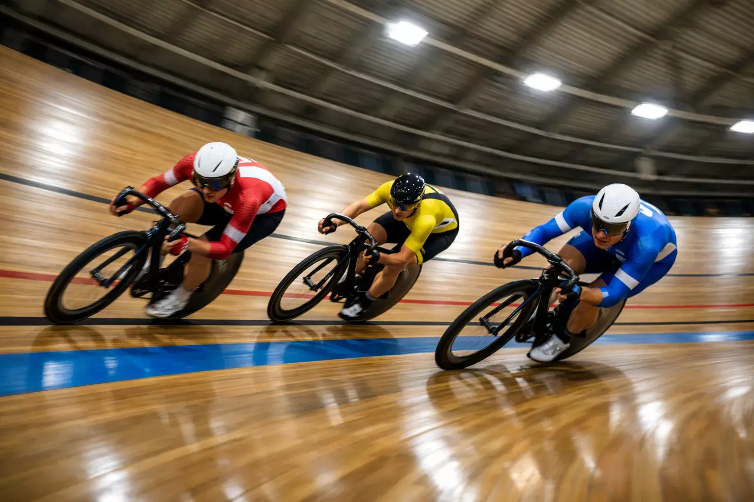 Coureurs sur piste en pleine vitesse dans un vélodrome aux virages relevés avec les lignes colorées de la piste