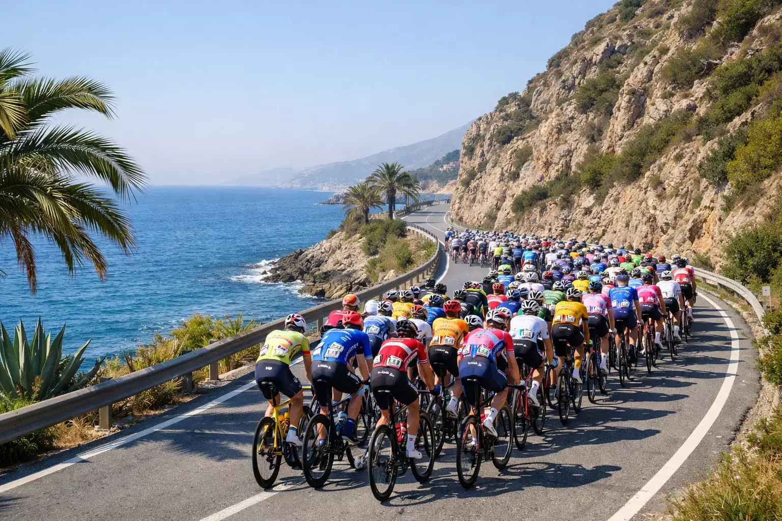 Peloton professionnel roulant sur une route côtière ensoleillée avec la mer en arrière-plan au début de saison