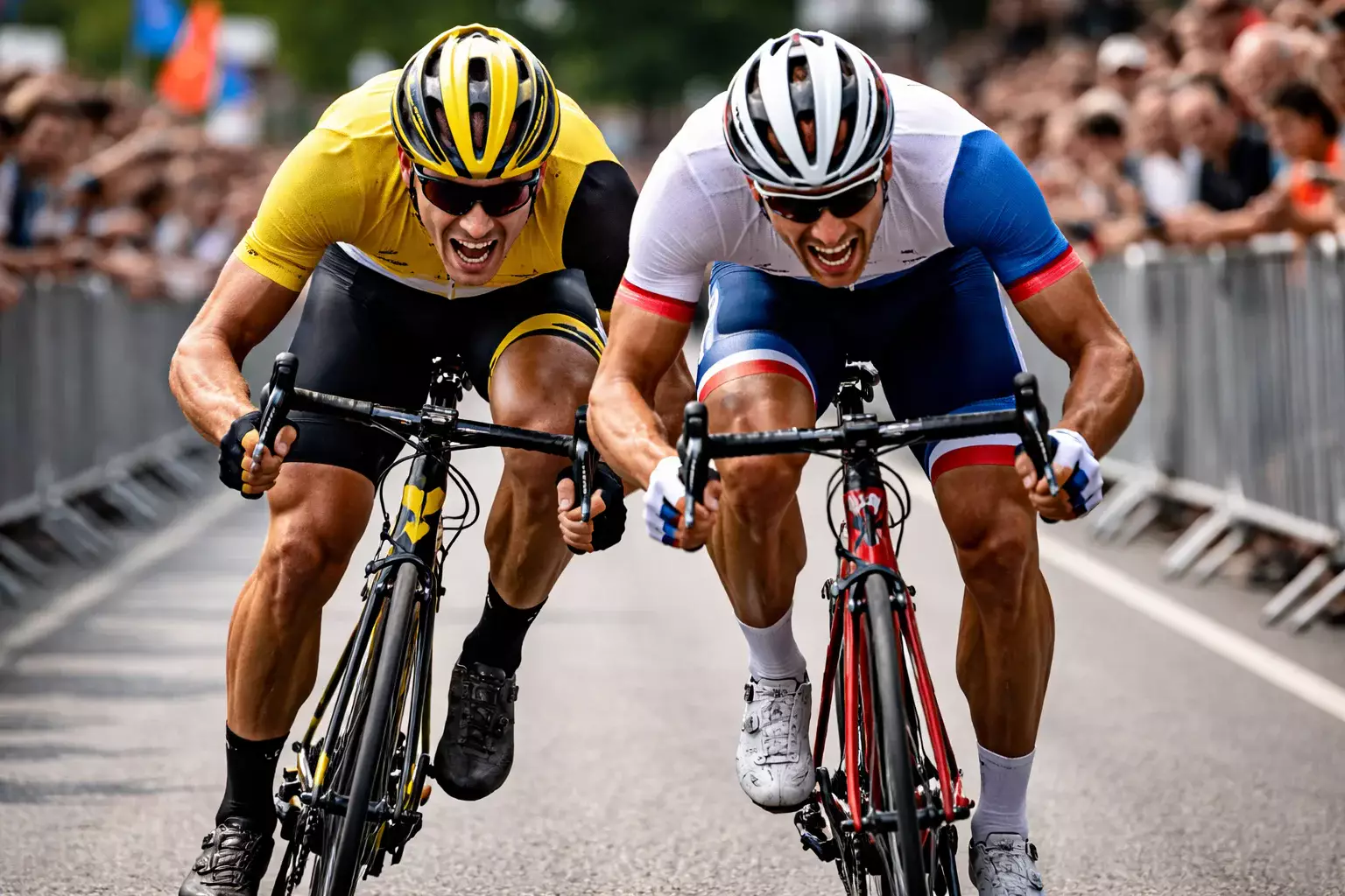 Deux cyclistes au coude à coude dans un sprint final sur une route bordée de spectateurs