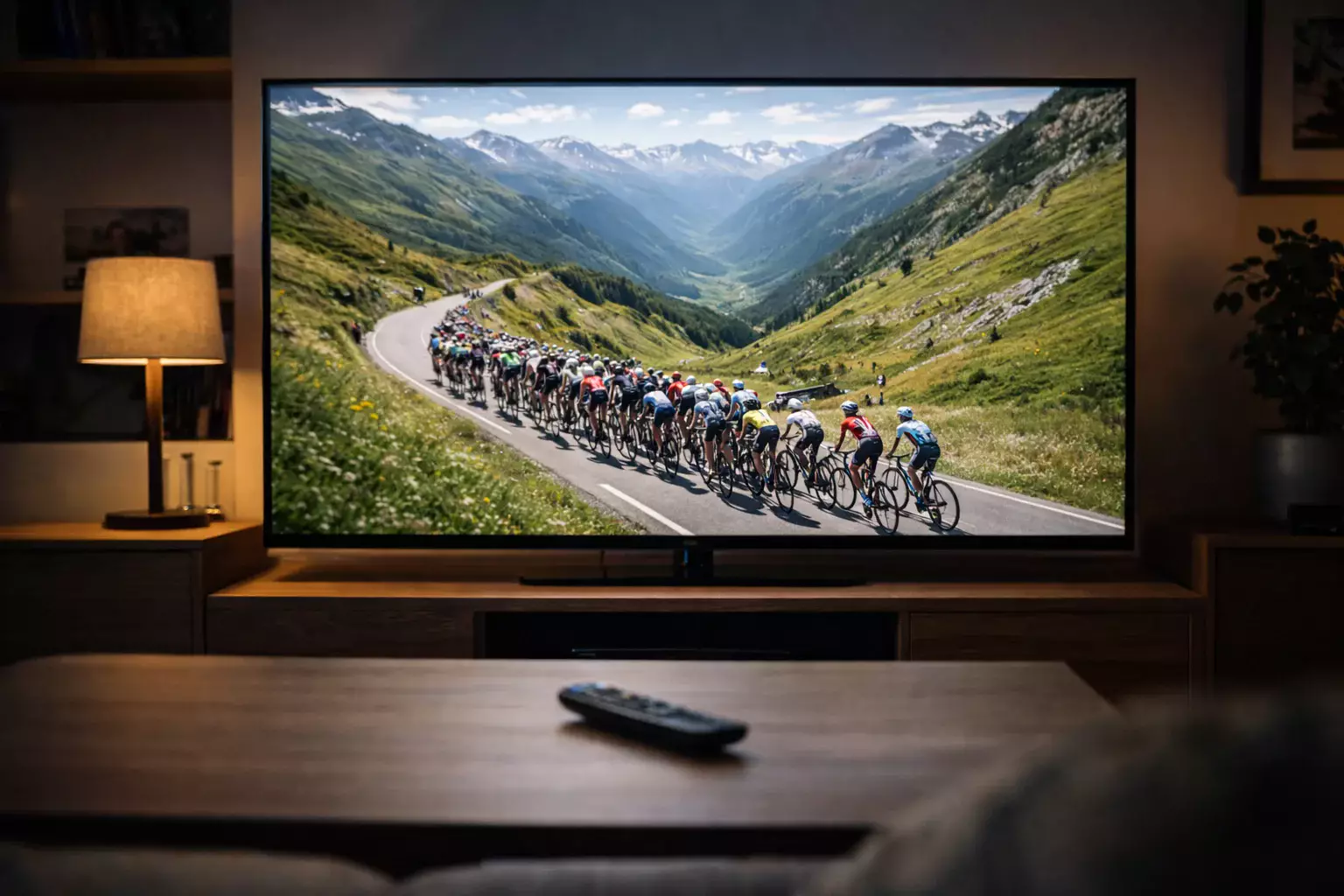 Écran de télévision diffusant une étape du Tour de France avec un peloton en montagne vu depuis un salon
