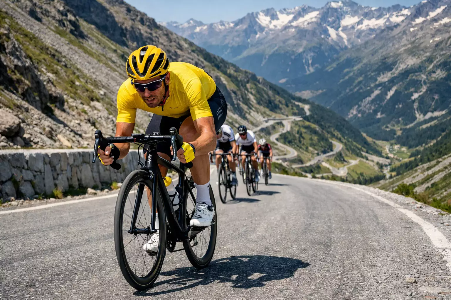 Coureur cycliste portant le maillot jaune en tête du peloton dans une ascension alpine
