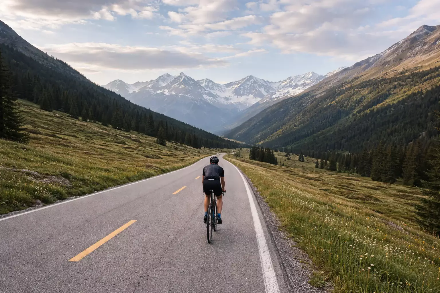 Cycliste solitaire roulant sur une longue route de montagne avec un panorama de cols enneigés