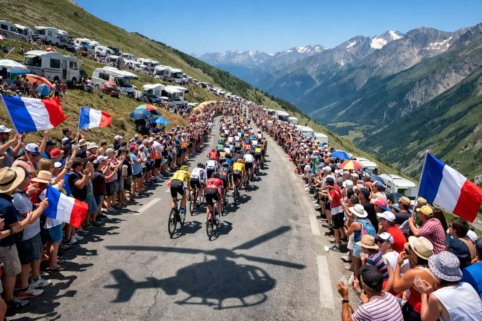 Peloton du Tour de France gravissant un col alpin sous un ciel bleu avec des spectateurs en bord de route