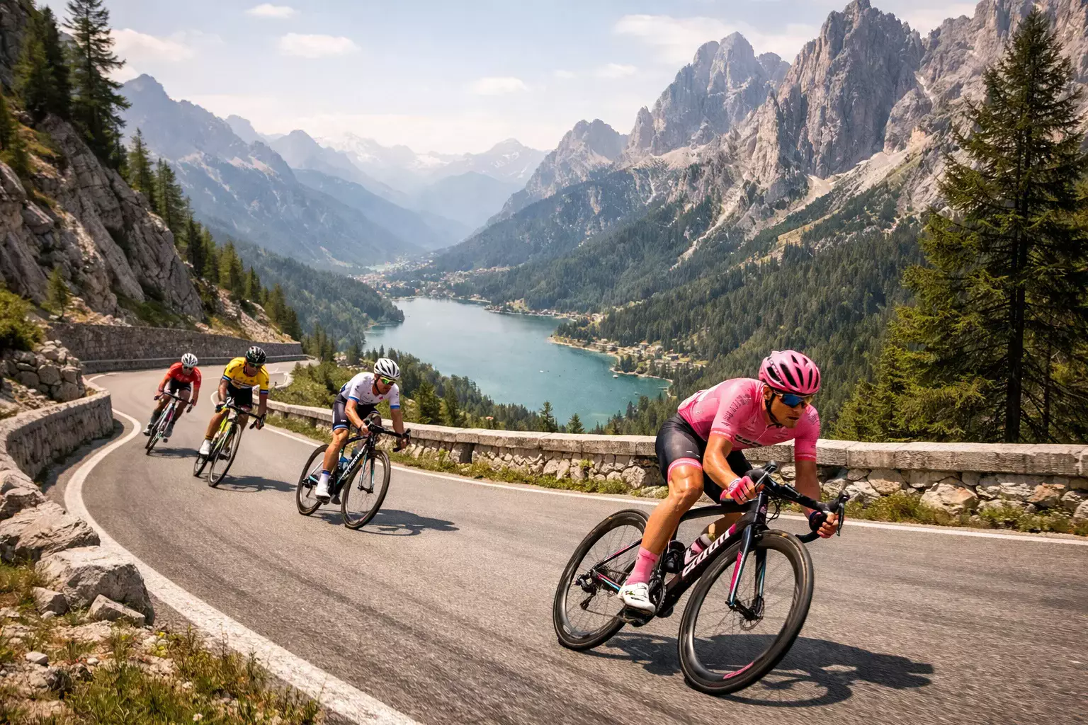Cyclistes du Giro d'Italia descendant une route sinueuse des Dolomites avec un lac en contrebas