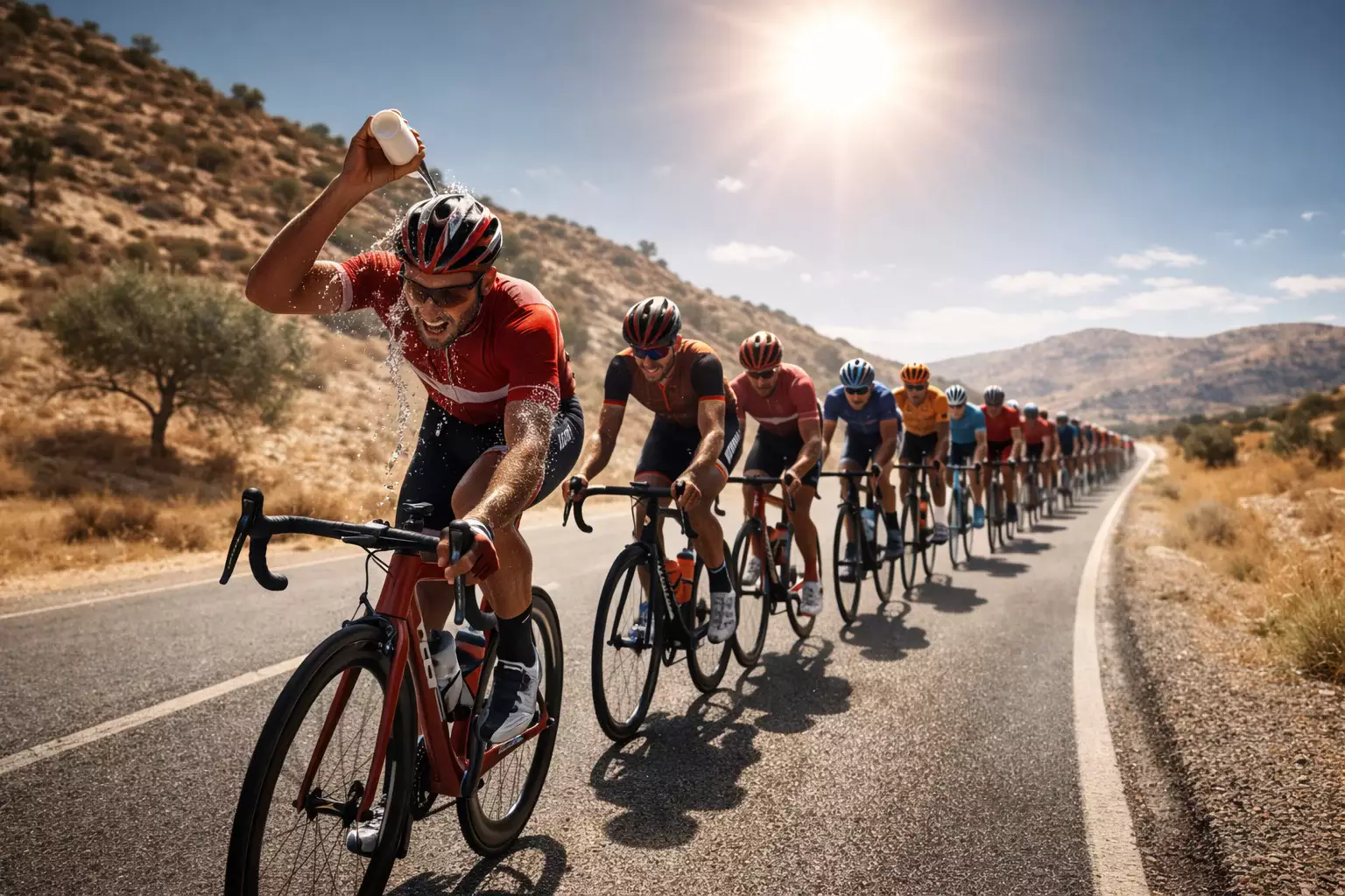 Cyclistes de la Vuelta a España roulant sous un soleil brûlant sur une route aride d'Andalousie