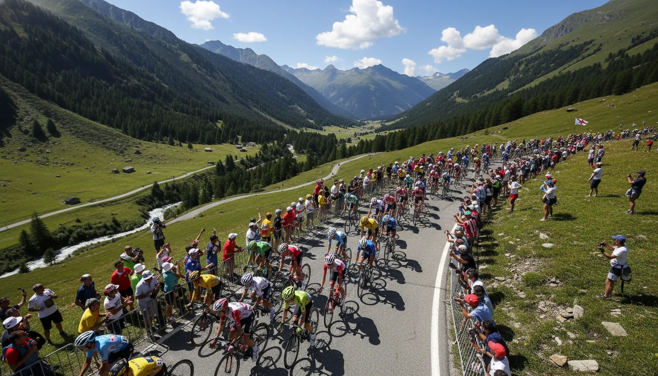 Peloton du Tour de France traversant un paysage montagneux français