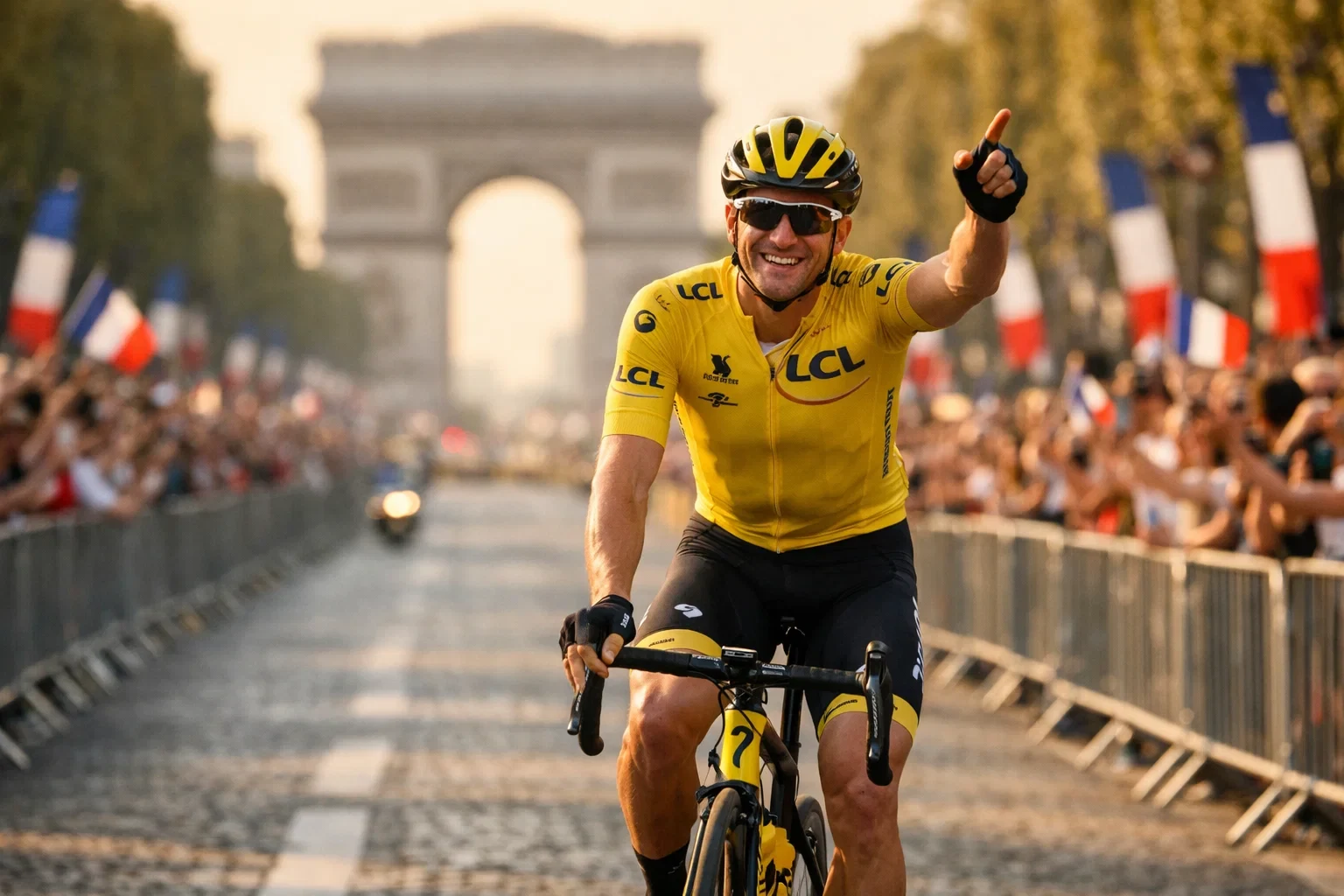 Coureur cycliste portant le maillot jaune sur les Champs-&Eacute;lys&eacute;es