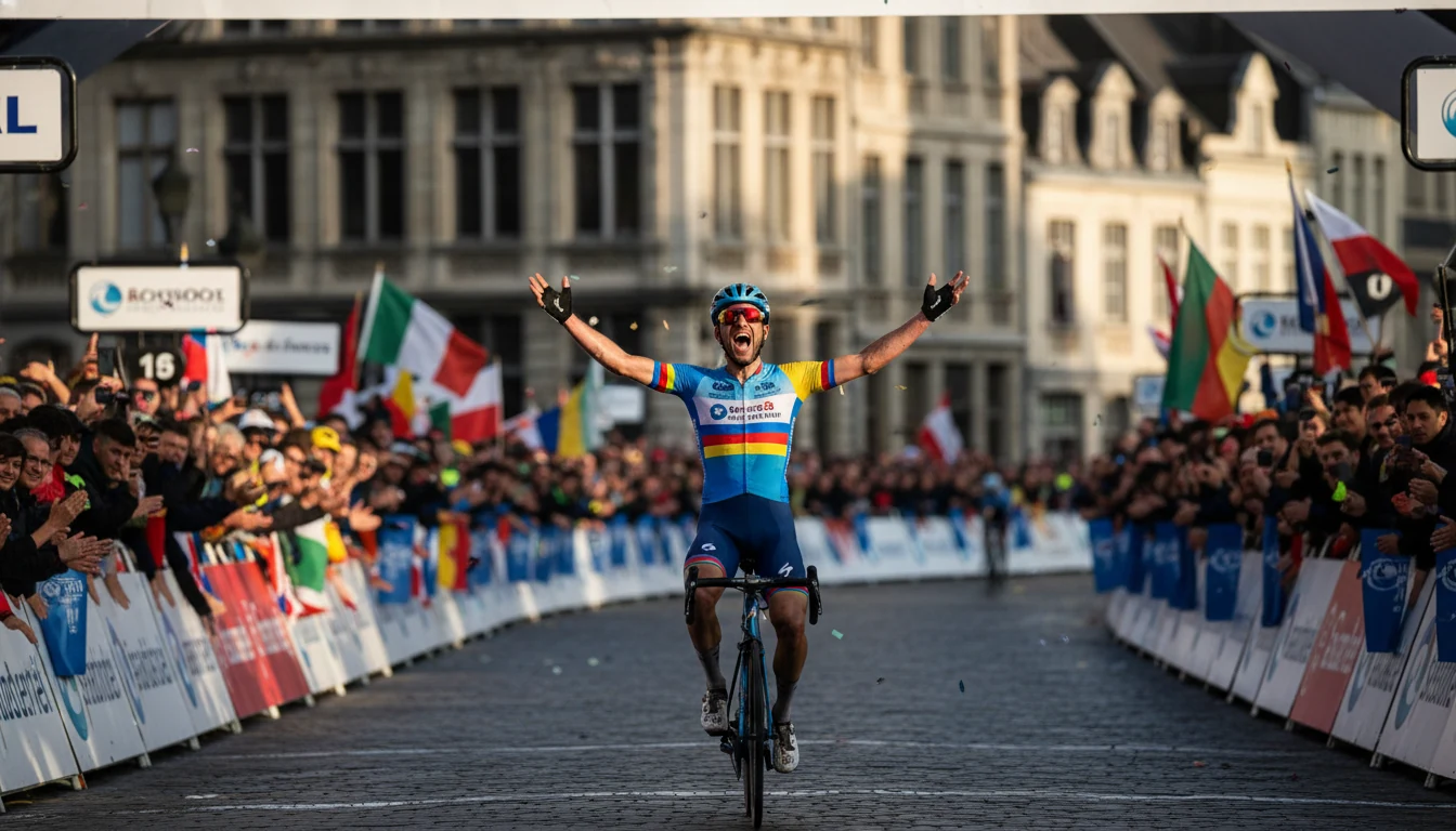 Coureur franchissant la ligne d'arriv&eacute;e d'une classique cycliste