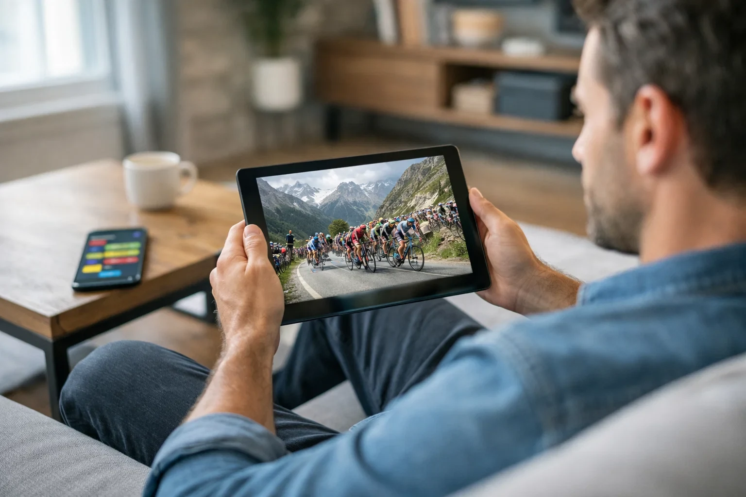 Spectateur suivant une &eacute;tape cycliste en direct sur tablette