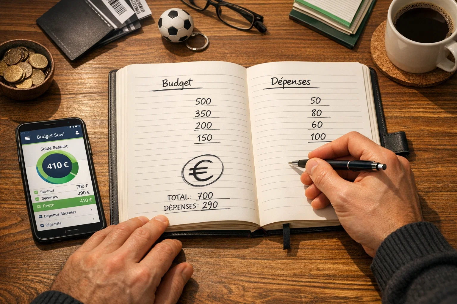 Personne organisant ses finances avec carnet et symbole euro
