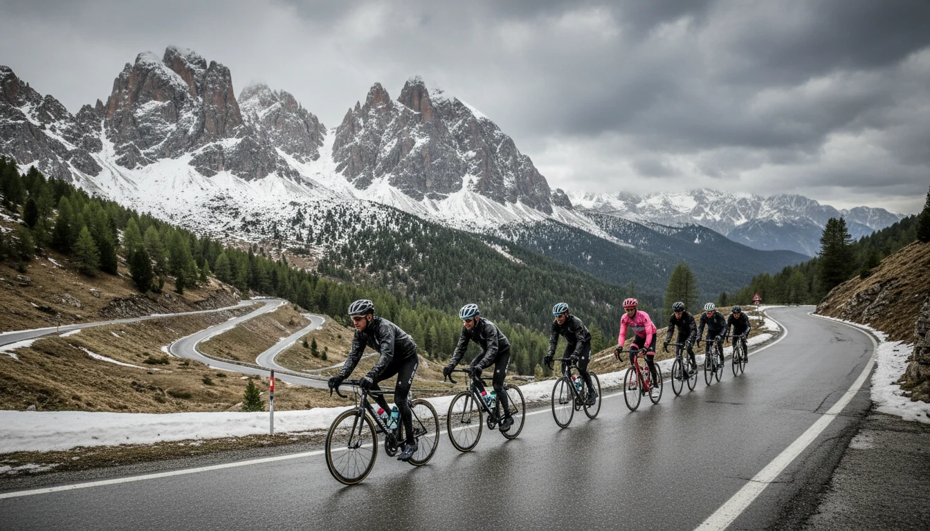 Coureurs du Giro d'Italia dans les Dolomites enneig&eacute;es