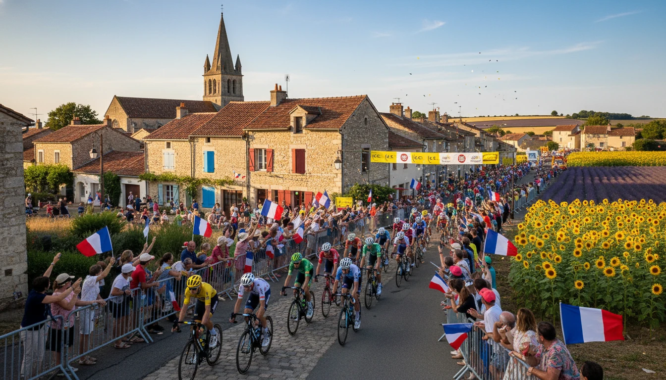 Peloton du Tour de France devant un village fran&ccedil;ais typique