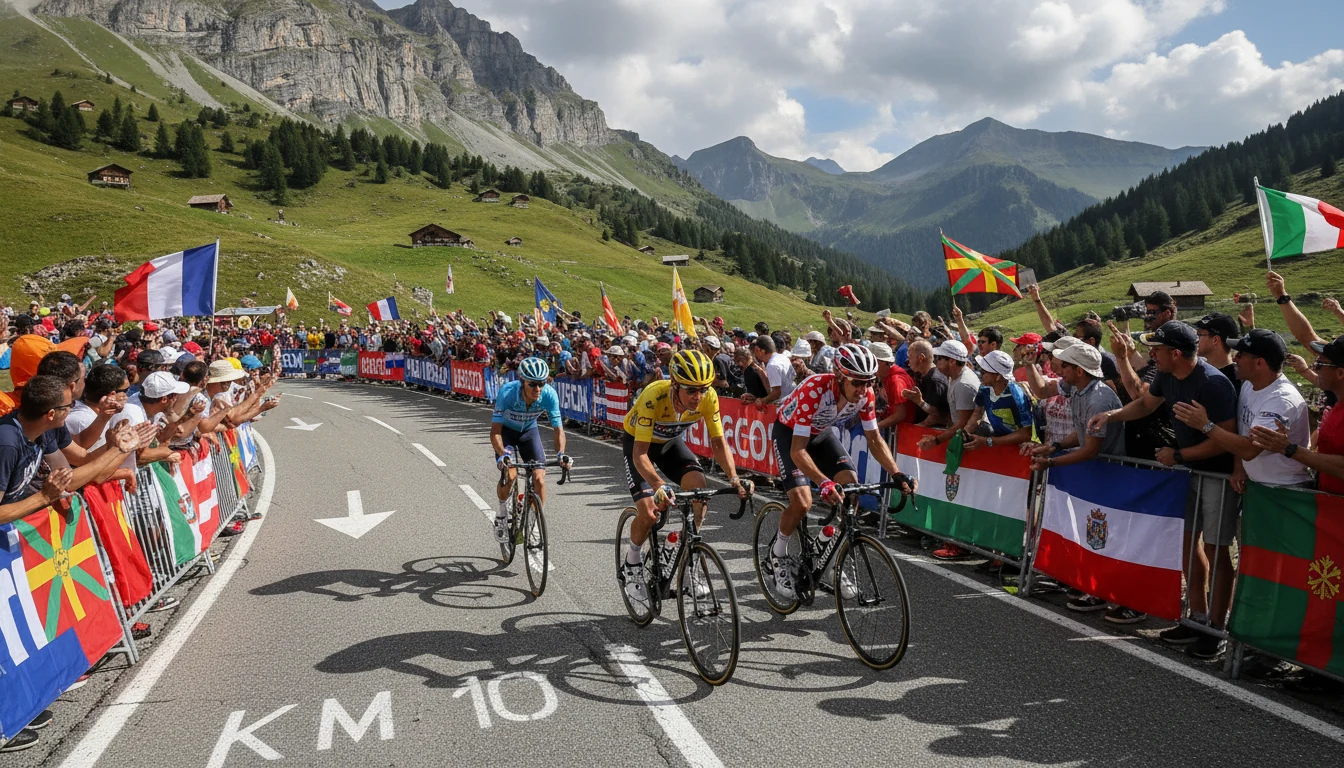 Coureurs du Tour de France gravissant un col alpin avec spectateurs