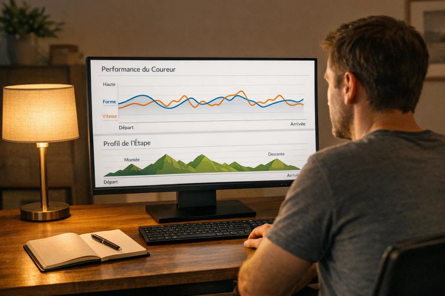Analyste étudiant les statistiques de coureurs cyclistes sur écran